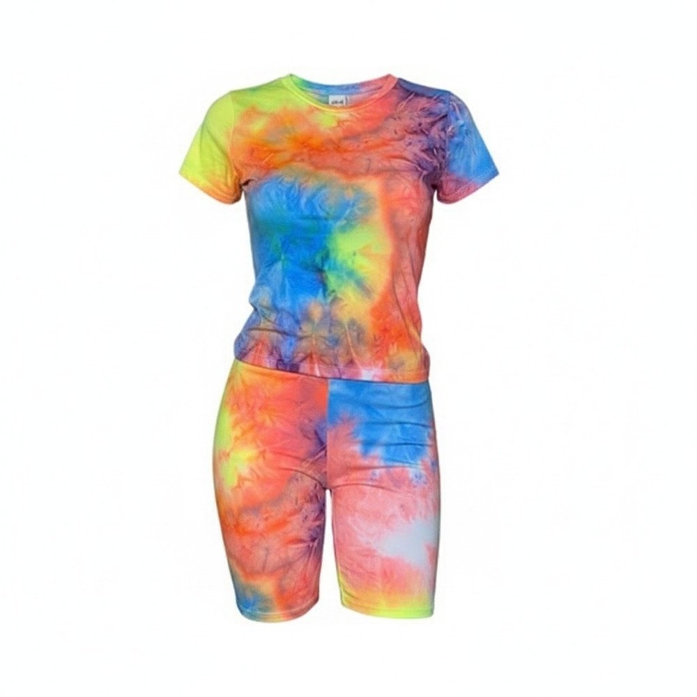 New S Gay Pride Neon Tie Dye Rainbow Summer Bike Short Tee Set Outfit Stretchy
